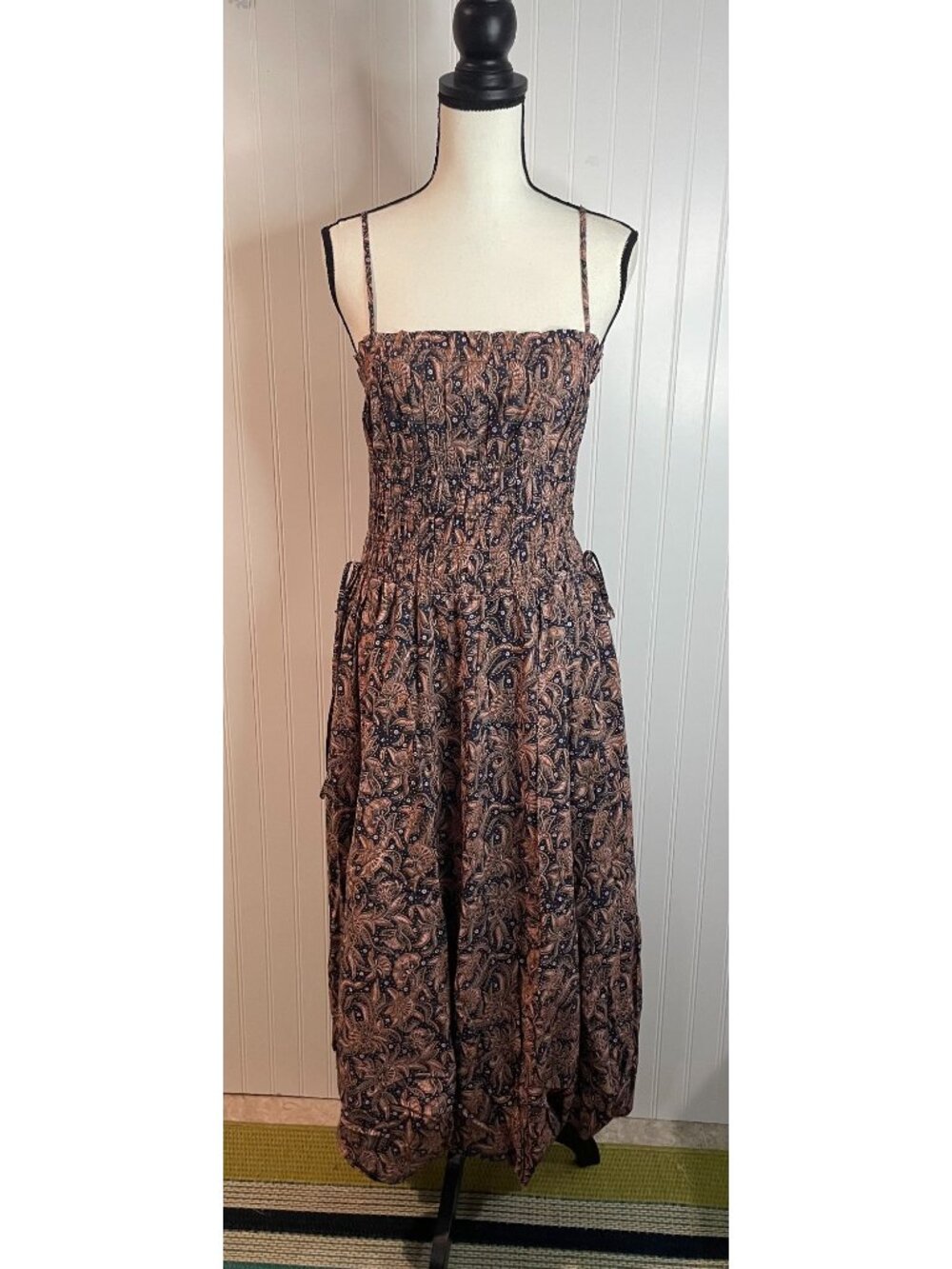 Madewell Womens Floral Maxi Dress Size 4 Navy & Pink Boho Smocked Waist Pockets